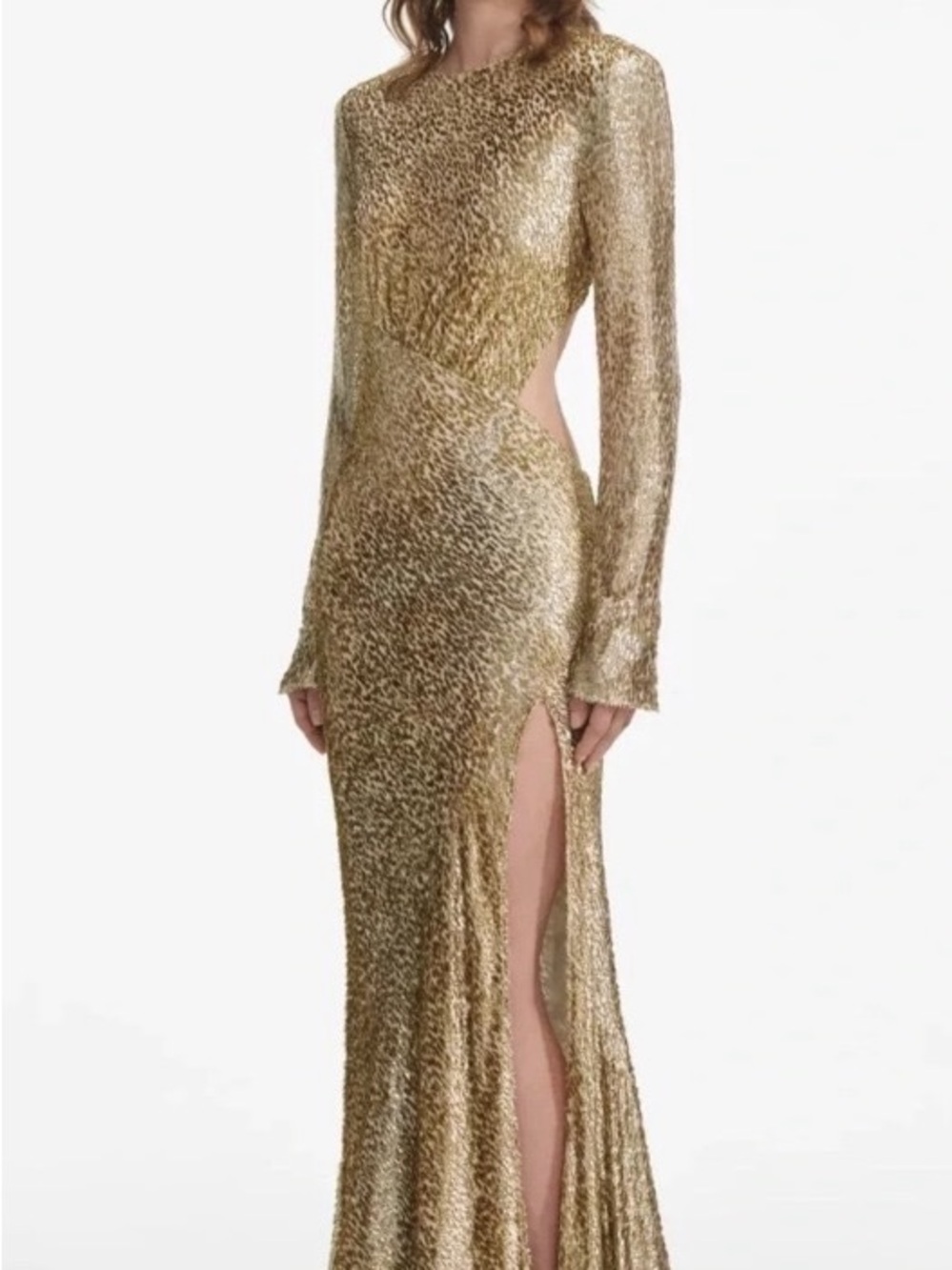 Gold Sequin Long Sleeve open back Evening Gown - Picture 2 of 4